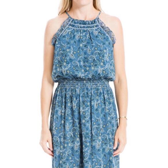 Max Studio maxi dress floral shirred waist ruffle flutter sleeves size L - Picture 1 of 12